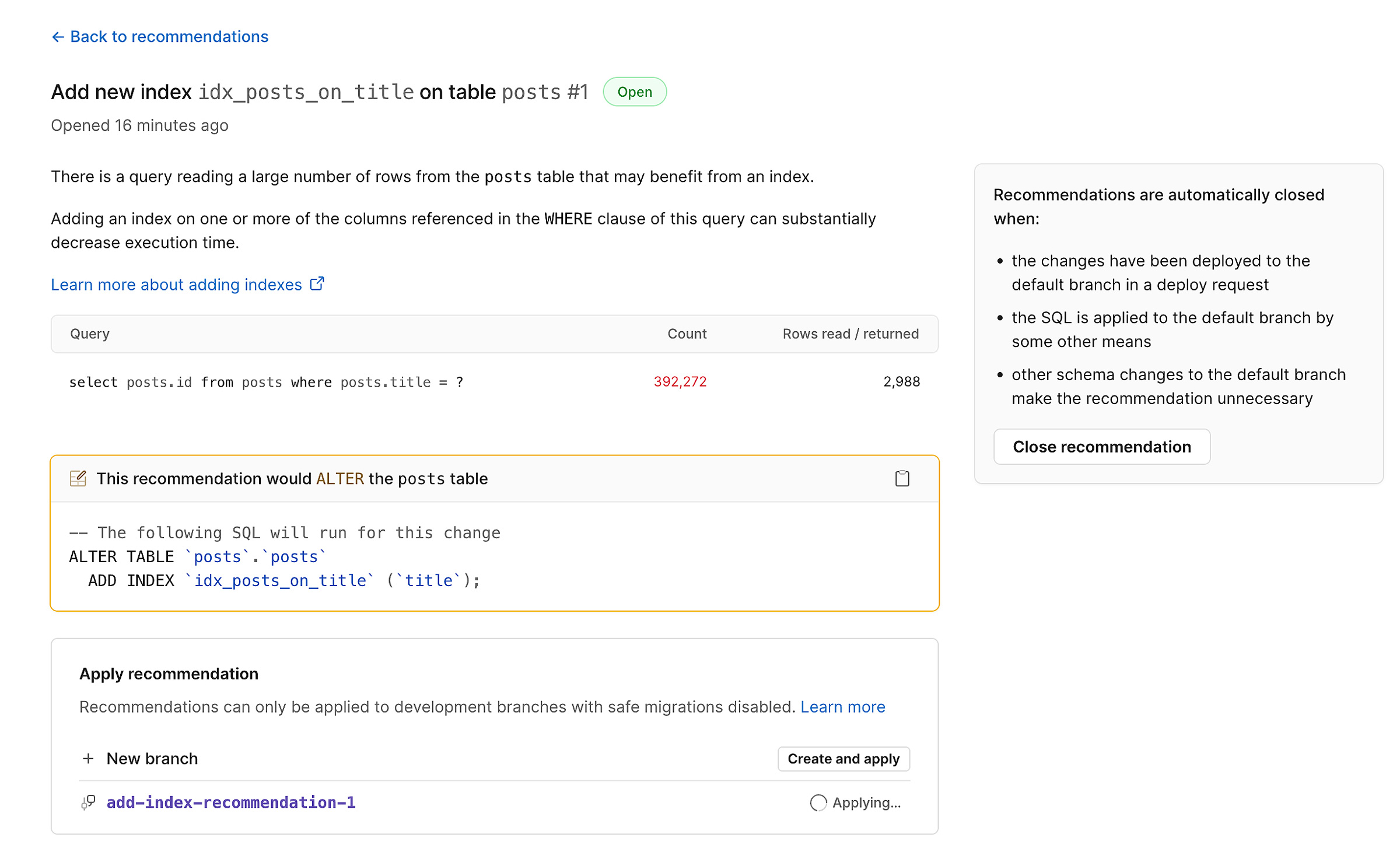A recommendation to "Add new index idx_posts_on_title on table posts"